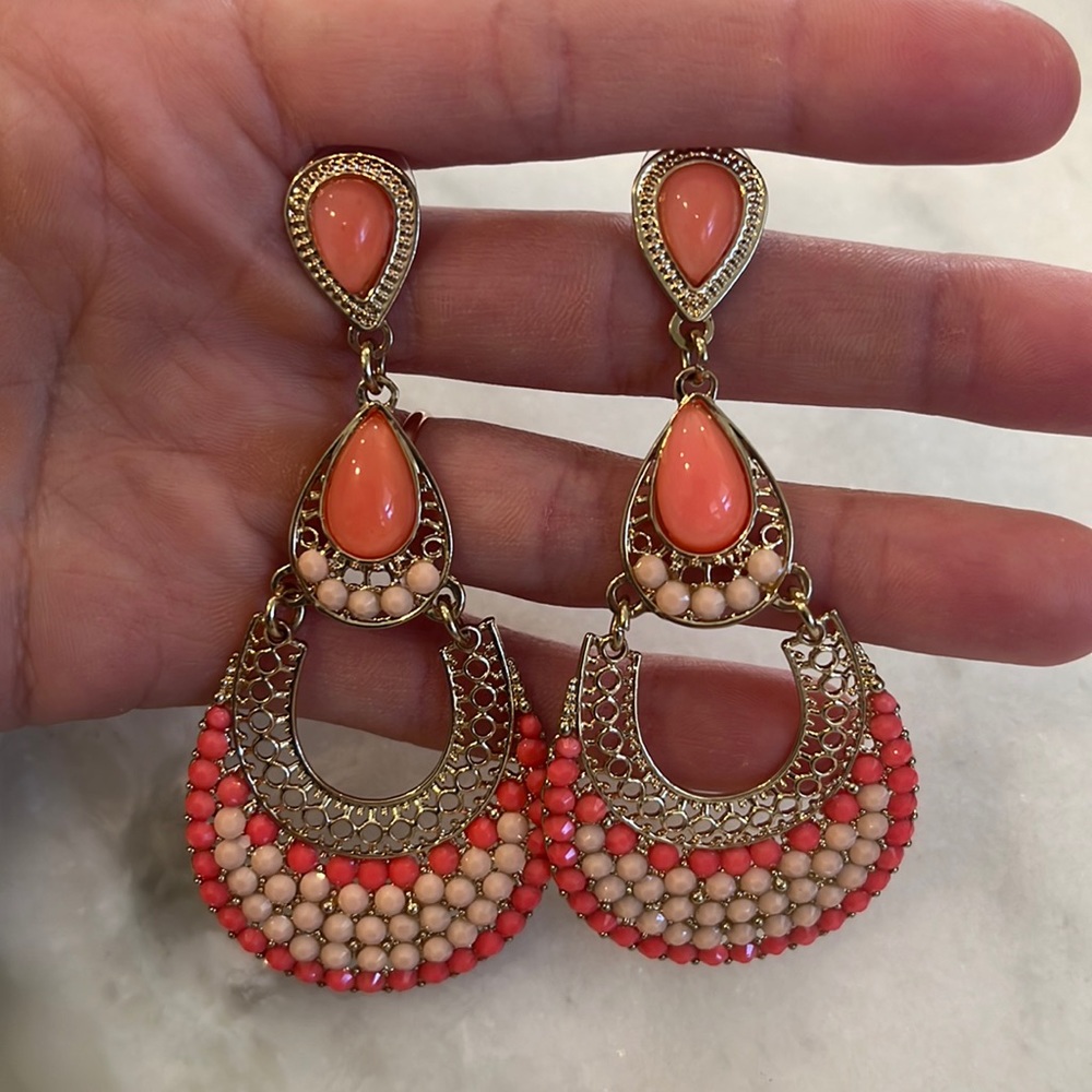 Coral/Gold Chandelier Earrings